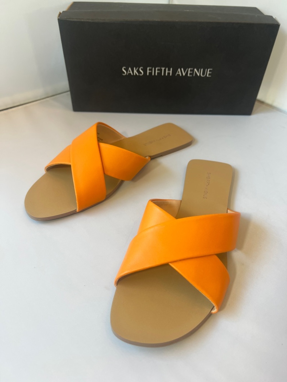 Saks Fifth Avenue Bright Orange Crisscross Slide Sandals Size 8.5. NIB